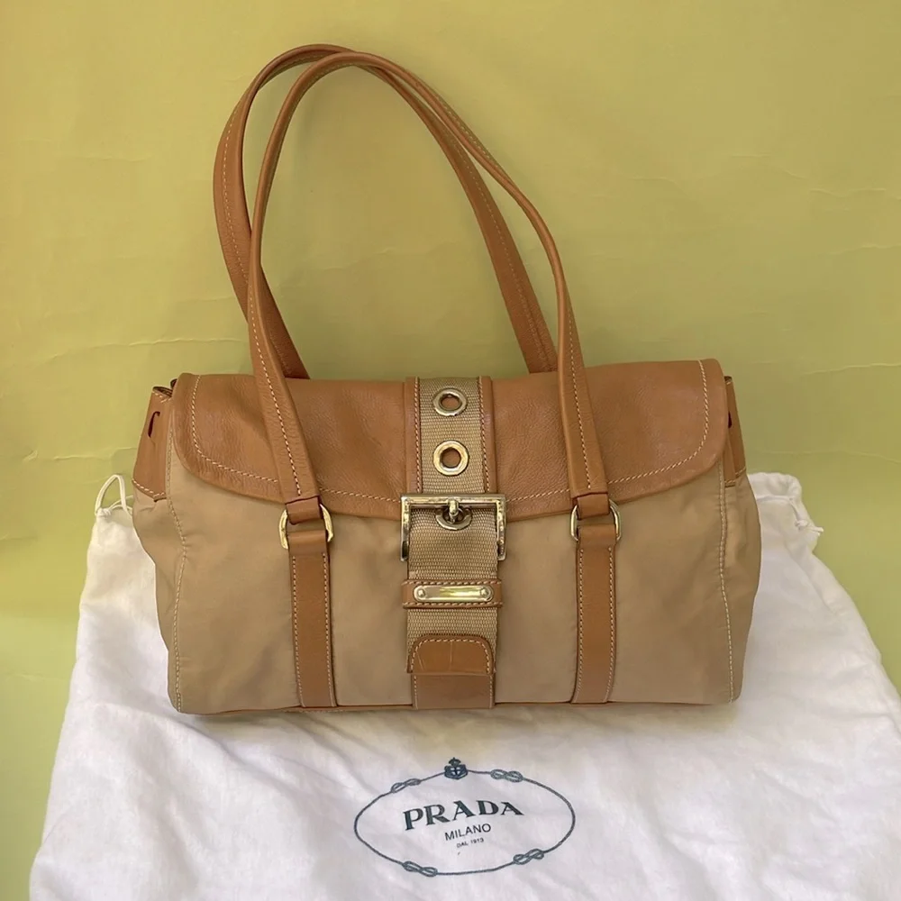 Vintage tan/silver Prada nylon/leather bag with dust bag